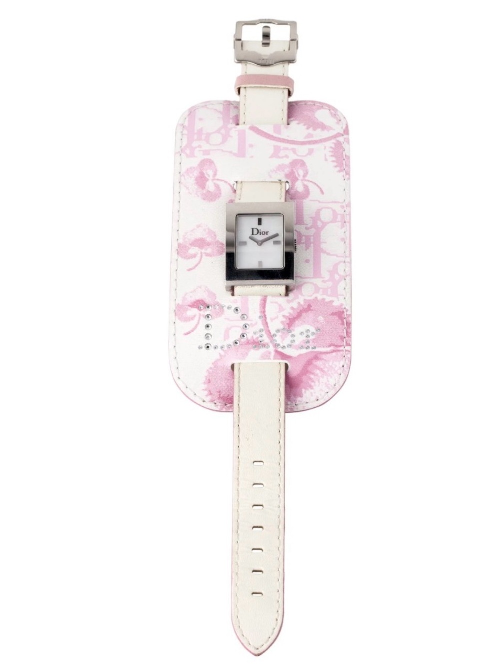 Christian Dior Stainless Steel & Pink & White Leather Watch With Original Box